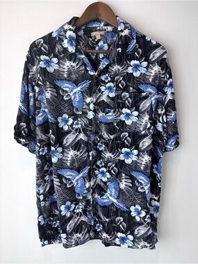 George Men’s Hawaiian Tropical Floral Bird Rayon Shirt Blue Black M 38-40